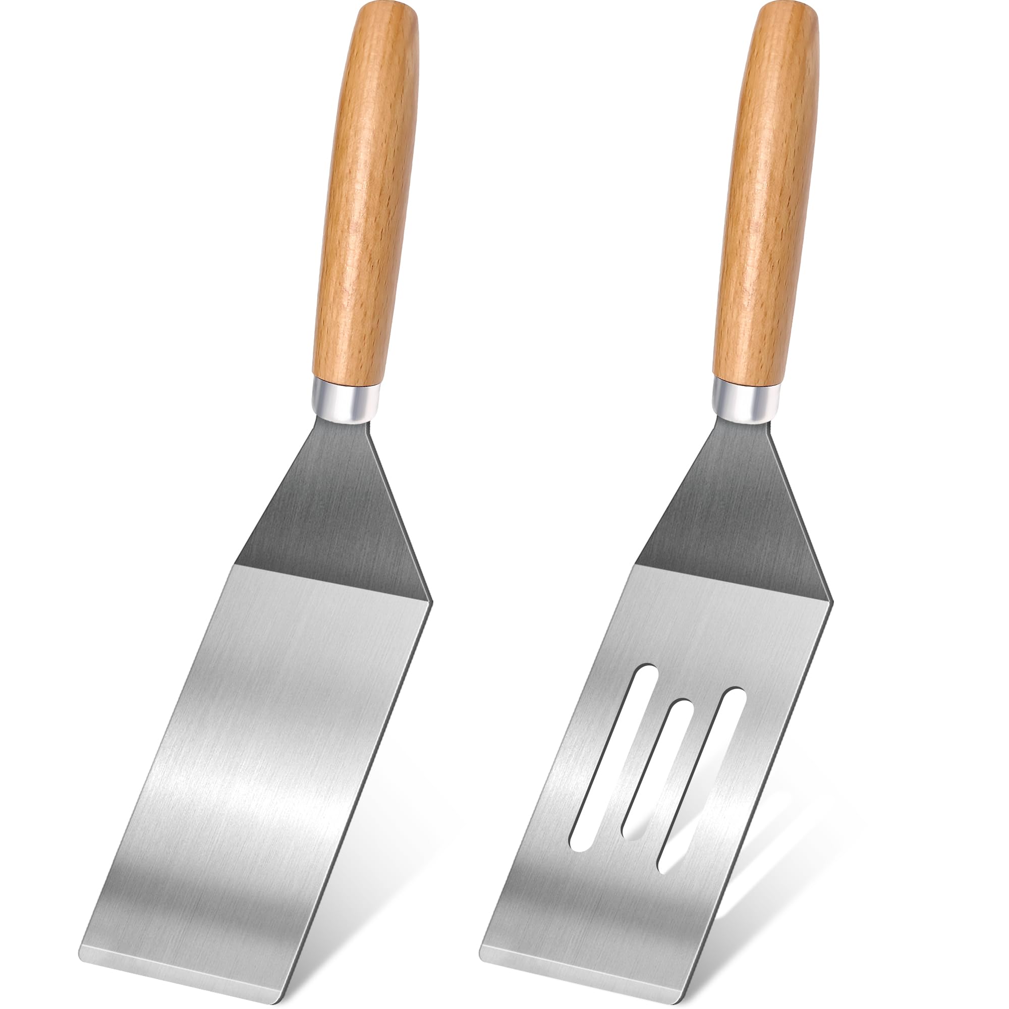 Juego de espátulas pequeñas de acero inoxidable de 2 piezas con asas de madera, ideal para voltear, cocinar y servir. Perfecto para brownies, tiramisú, galletas, lasaña y panqueques.