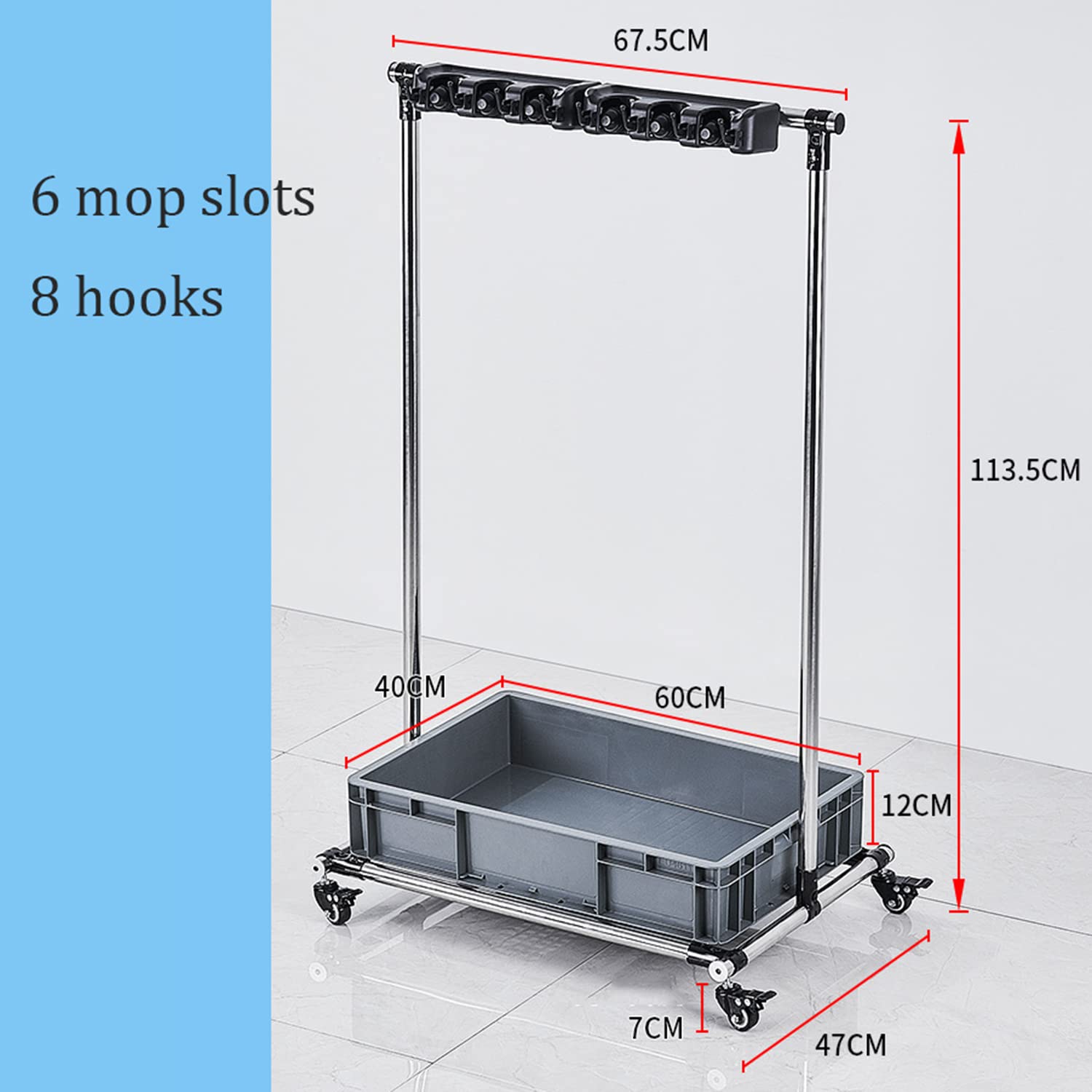 TGBHM Janitorial CartMovable Commercial Mop Rack Broom Mop Drain Hanger Rack with Hooks and Sink Basin Cleaning Cart Tool Storage for Property Companies,6slots