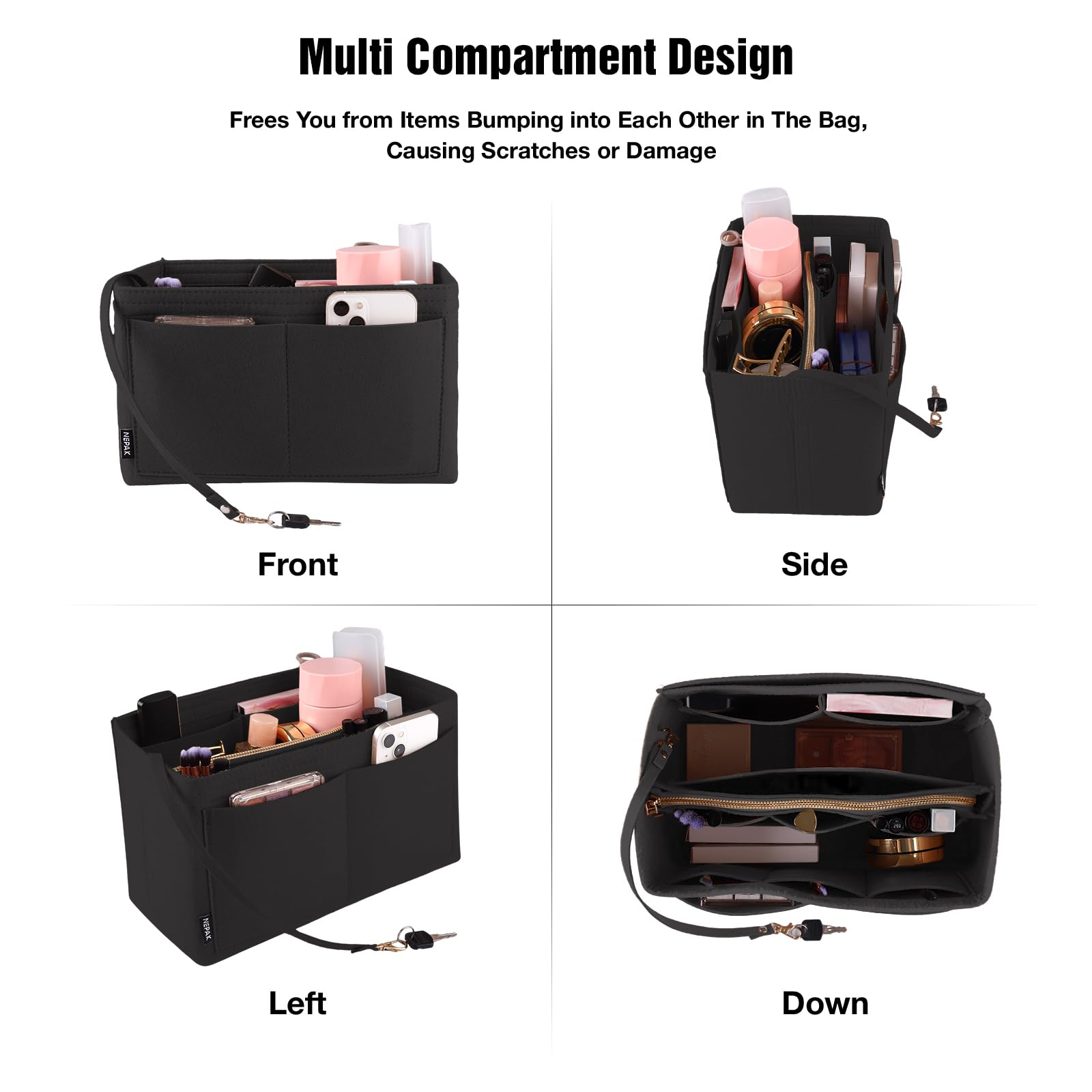 NEPAK Organizzatore di feltro per donne (con borsa rimovibile),Feltro Organizer da Borsa,Borsa di pannolini (Nero,L)