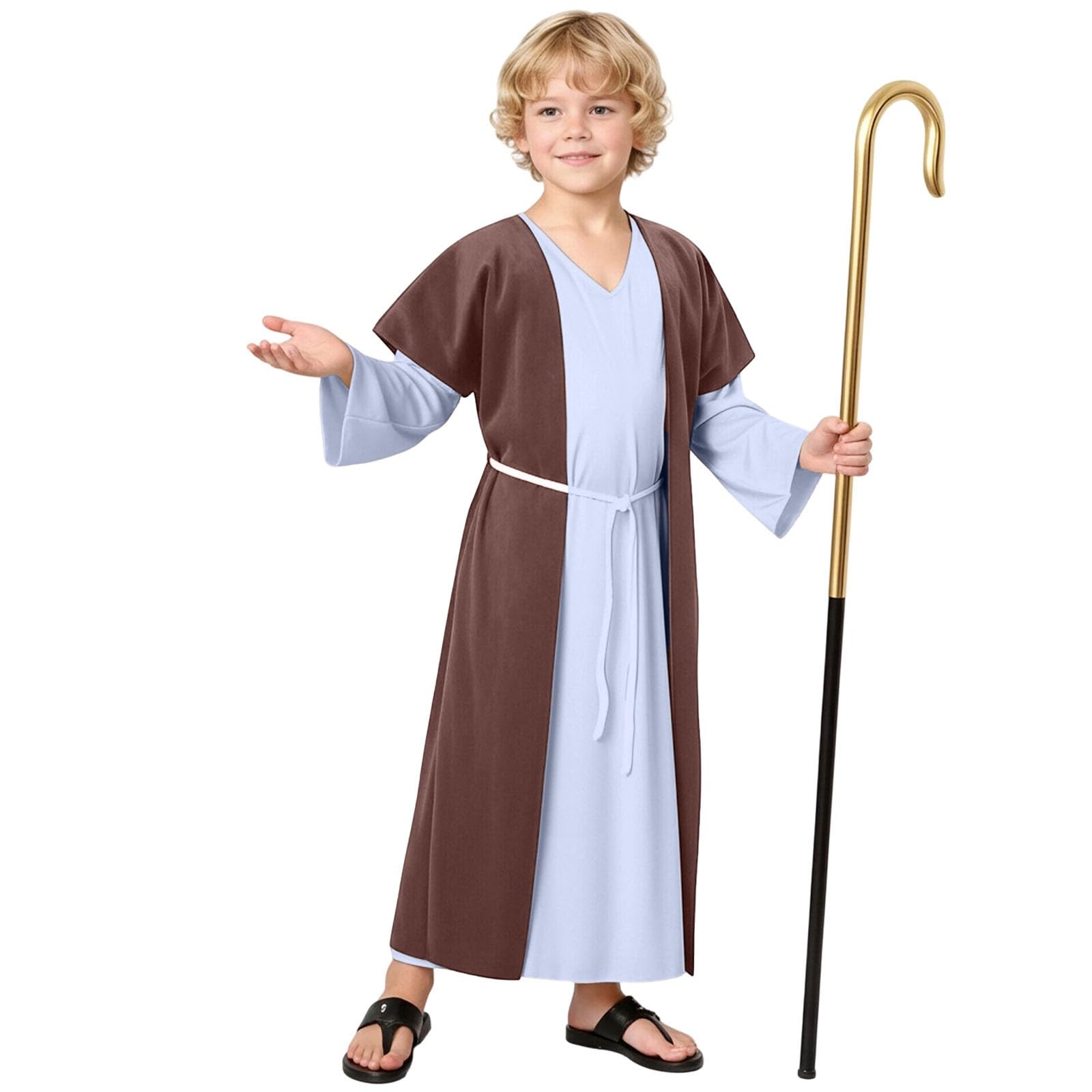Shepherd Costume Kids, Joseph Costume Kids, Innkeeper Costumes Boys, Nativity Costumes for Kid Brown, Biblical Clothes for Boys Religious Dress-Up Bible Clothes 4PC(Headscarf + Robe + Hair Tie + Belt)