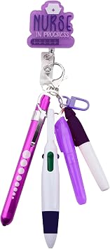 Student Nurse Pen Set Badge Reel Holder Accessories Clip, Retractable Mini Nursing Pen & Light Tool Set, Highlighter pens and Highlighter pensPurple