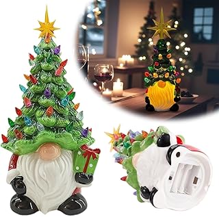クリスマスデコレーション - ライトアップされたノームセラミッククリスマスツリー - 小さなミニプリライトクリスマスホリデーデコレーション、生き生きとしたセラミックノームオーナメント 光るカラーライト付き 卓上ホームルーム用