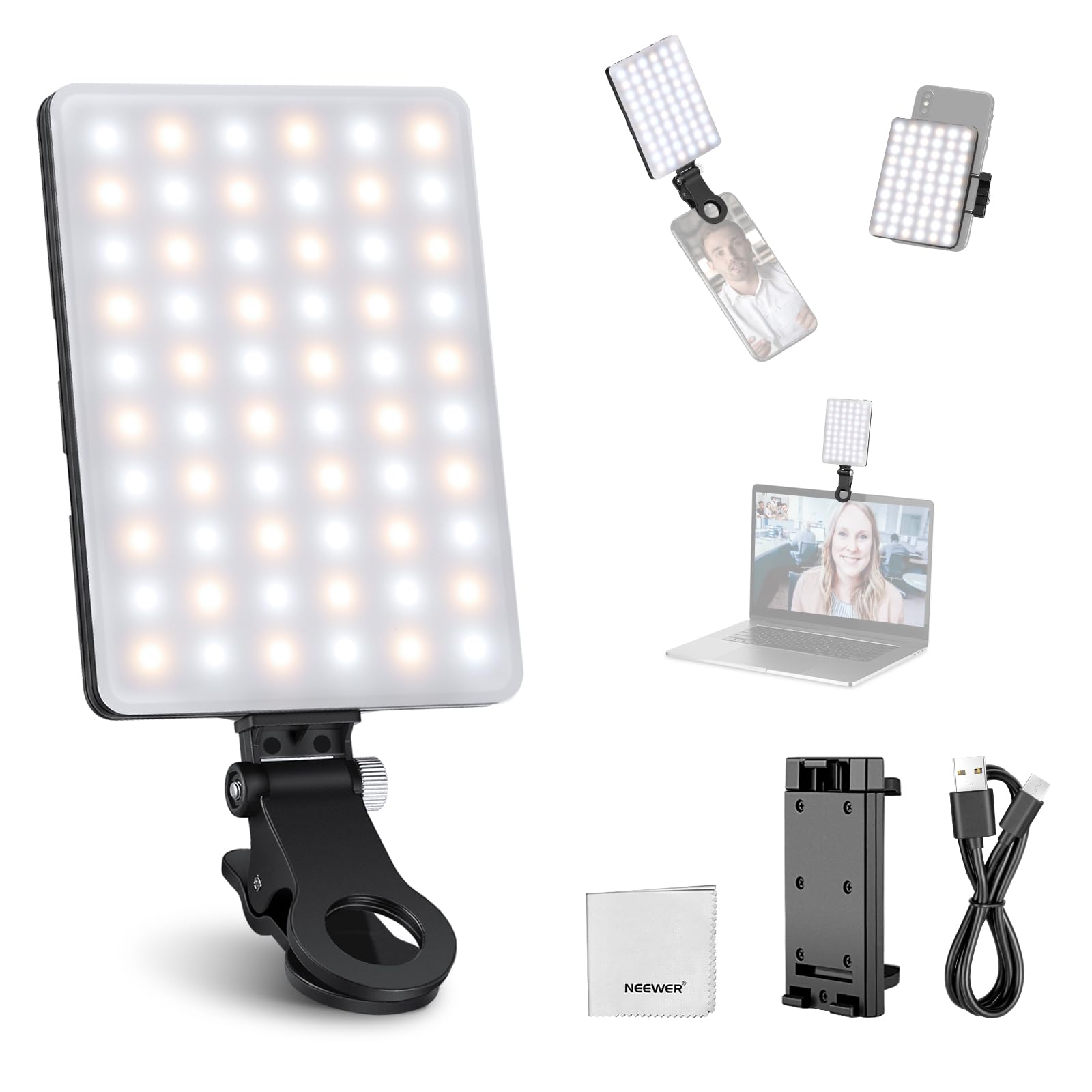 NEEWER BASICS Clip on LED Selfie Light Compatible with iPhone, 2000mAh Rechargeable, Phone Clamp Holder & Cleaning Cloth, Webcam Laptop Zoom Video Conference Recording Makeup Fill Lighting, NL-60AI