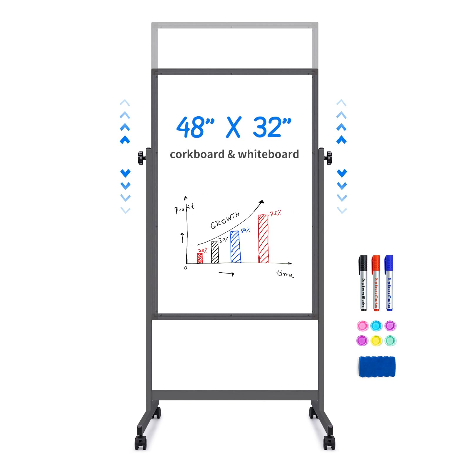 Maxtek Rolling White Board 48 x 32in,Height Adjustable Whiteboard on Wheels