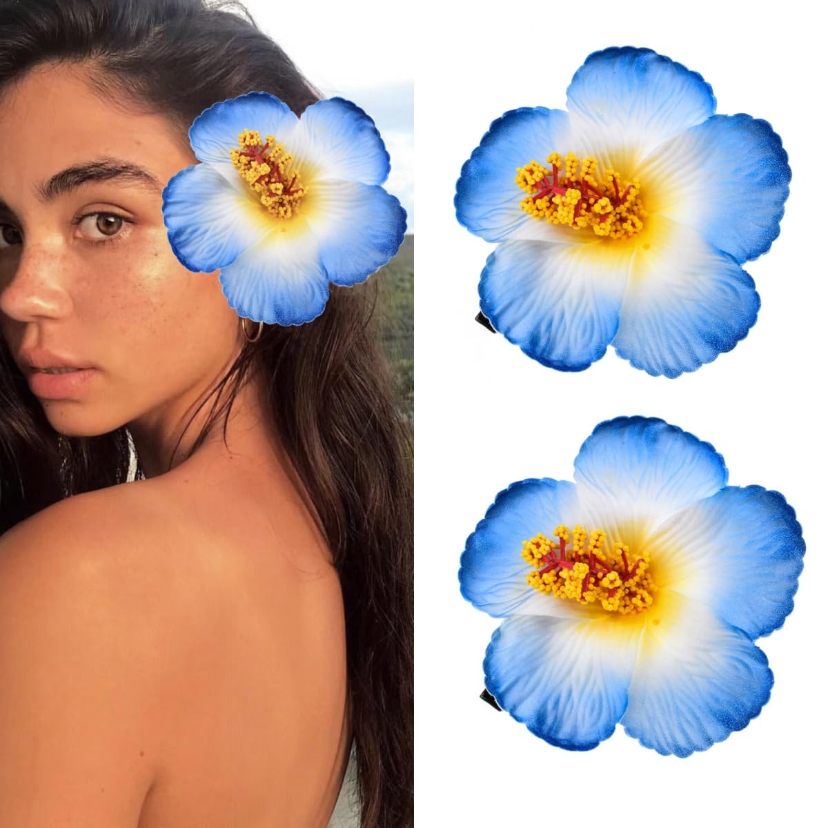 2 pinzas hawaianas Plumeria para el cabello, pasadores de flores Galsang para fiesta en la playa (azul)