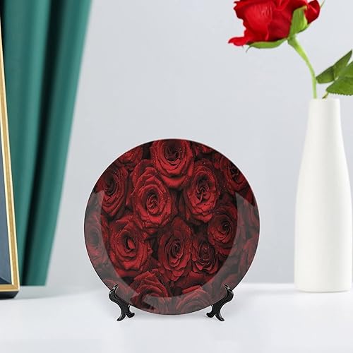 Miniatura 6 de Placa decorativa de 8 pulgadas, artesanía de cerámica roja oscura, rosas rojas con gotas de agua, placa de exhibición de cerámica para adornos