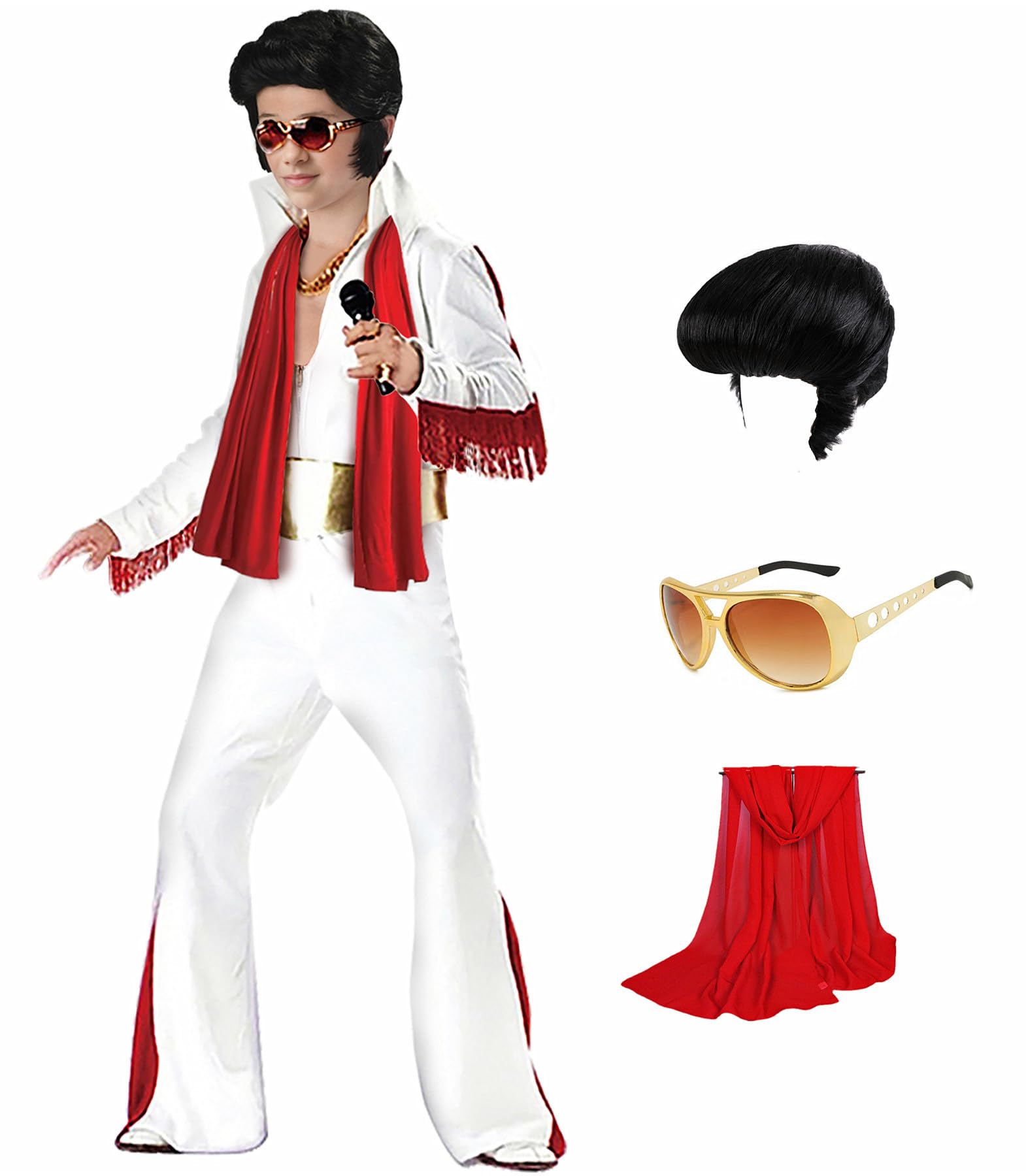 Halloween Costumes for Kids 5 Pieces-Jumpsuit Wig Sunglasses Belt Red Scarf- Role Play Dancewear for Boys Girls 60s 70s 80s Fancy Ddress Costume Kids Christmas Carnival Musical Party