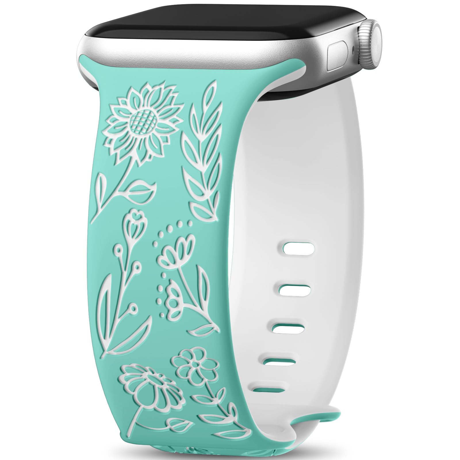 Easuny Floral Engraved Bands for Apple Watch Women 38mm 40mm 41mm 42mm 44mm 45mm 46mm, Soft Silicone Cute Dressy Wrist Strap for iWatch SE Series 10 9 8 7 6 5 4 3 Ultra, iPhone Watch Band Accessories