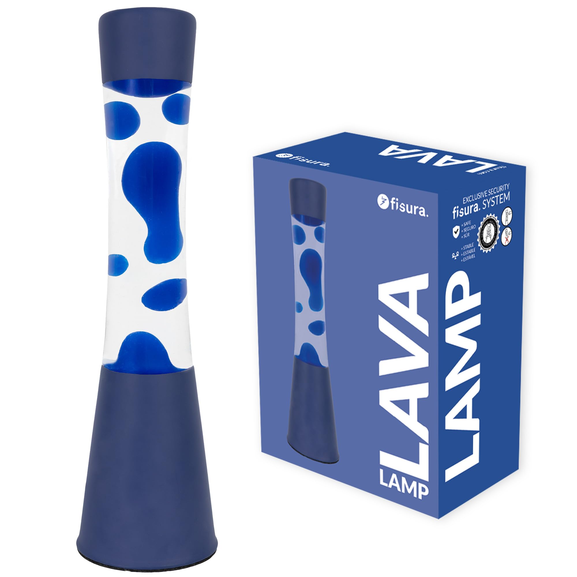 Fisura - Lámpara de lava azul. Base y lava azul con líquido transparente. Lámpara efecto relajante. Con bombilla de repuesto. 11 cm x 11cm x 39,5 cm.