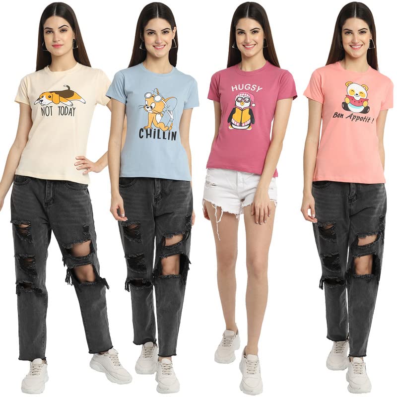Image of Preneum Women's Cotton Regular Fit Graphic Stylish Printed Short Sleeves Casual T-Shirt |Trend & Styles