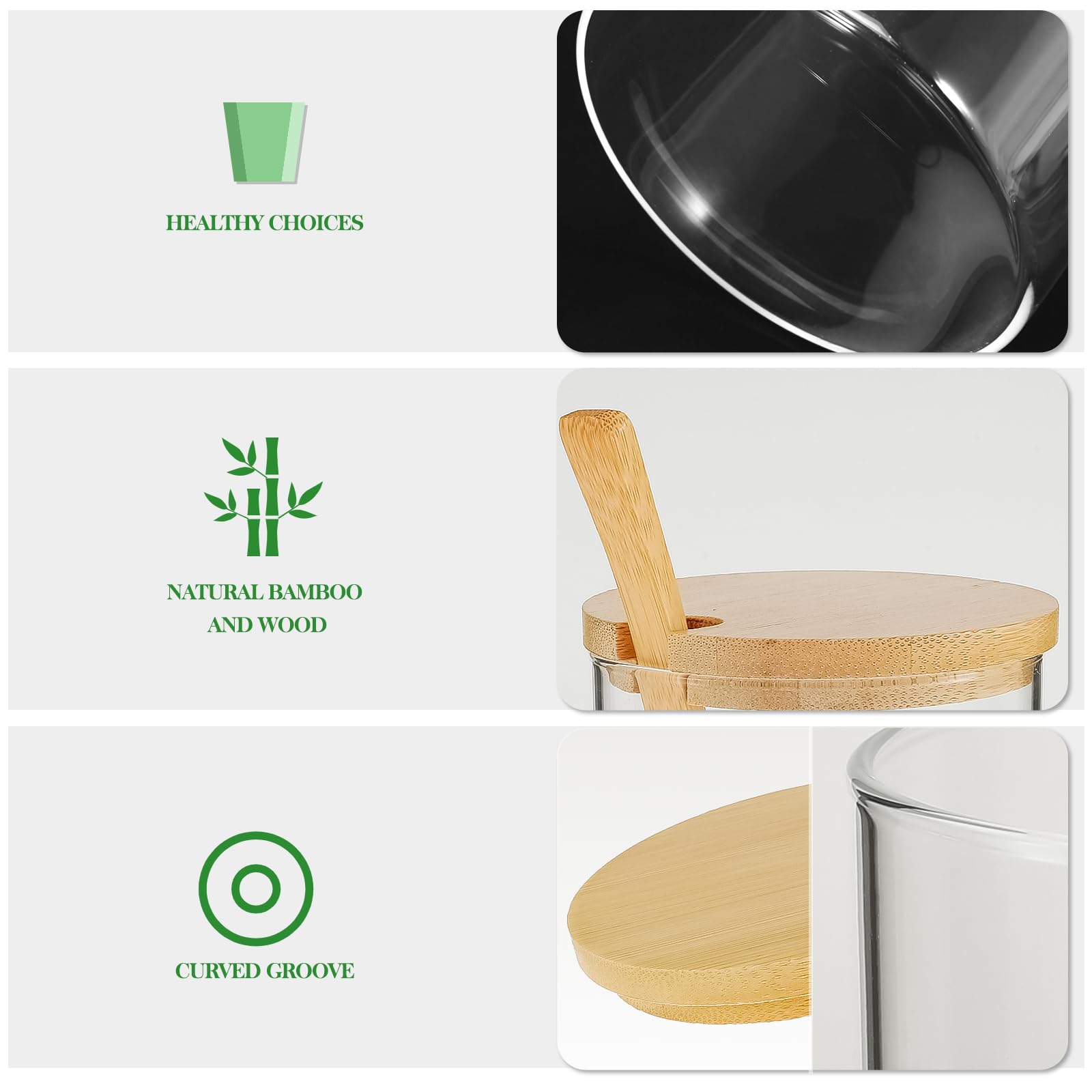 Juego de 3 tarros de condimentos de vidrio transparente con tapas, cucharas y bandeja de bambú, contenedor de especias a prueba de polvo, recipiente multiusos para condimentos para sal, azúcar