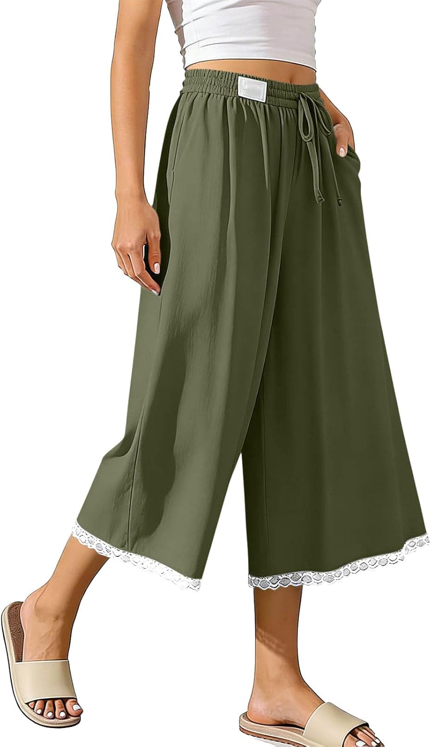 Women's Wide Leg Capris Lace Trim Flowy Capri Pants Palazzo Elastic Waist Cropped Beach Trousers with Pockets