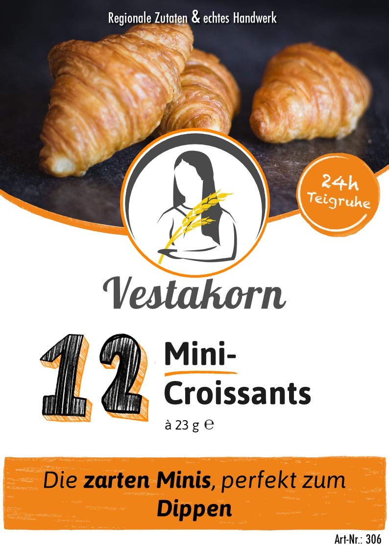 Vestakorn Handwerksgebäck, 12x Mini-Croissants - frisches Feingebäck – Französische Butter-Croissants á 23g , 12 Stück, selbst aufbacken in 6 Minuten