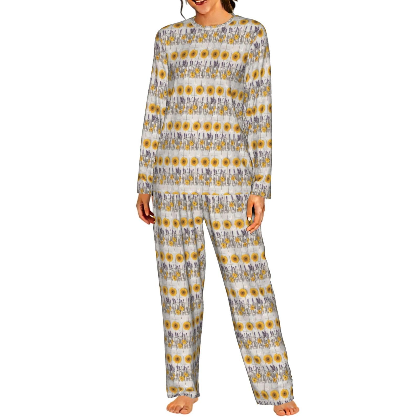 Girasoli su stampa in legno da donna a maniche lunghe pigiama coordinato morbido spiaggia vacanza biancheria da notte regalo casual