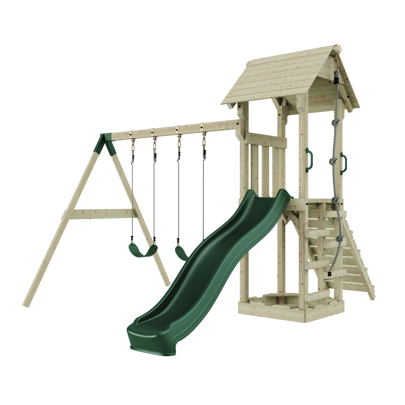 Rebo Spielturm mit Wellenrutsche und Kinder-Schaukel, Outdoor Klettergerüst Garten,Smaragdgrün