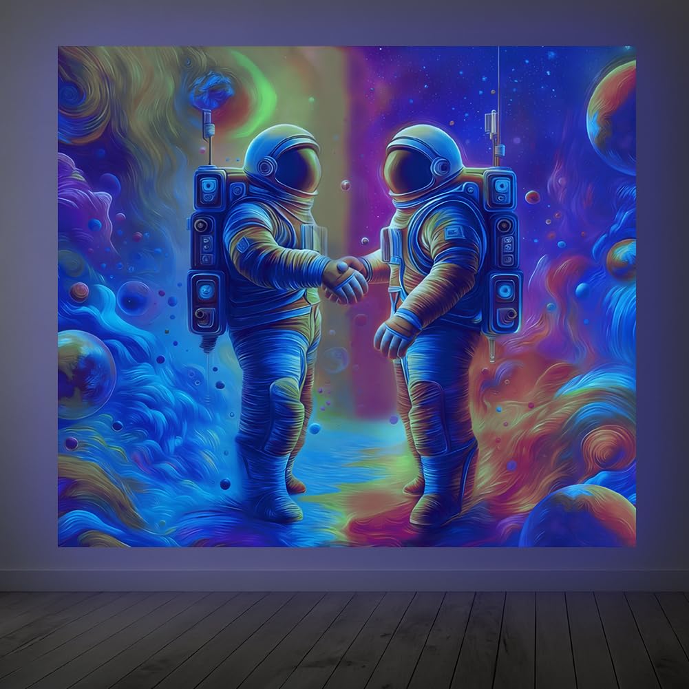 CRAFTYMELODY Neon Astronaut Handshake Blacklight Tapestry Cosmic Glow in the Dark Tapestry UV Reactive Trippy Neon Wall Hanging 59×51 Inch with Hook Self Adhesive Sticker Clip for Home Wall Decor