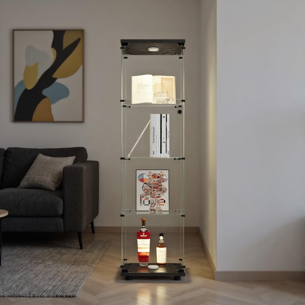 Vetrina LED in vetro con 1 anta - Mobile Collezione 4 ripiani con serratura per bar soggiorno (nero, 1 porta a 4 strati LED)