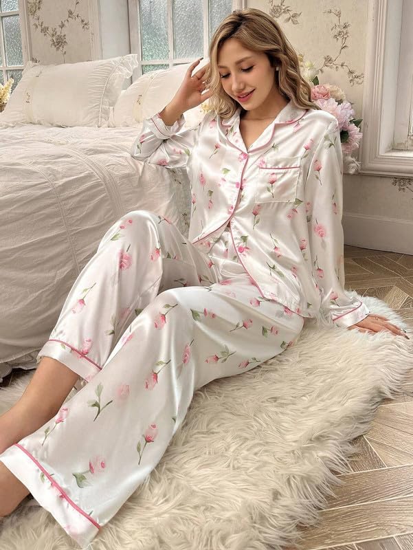 Image of Night Suit for Women with Full Sleeve Button-Down Top with Pant Dress for Woman, Night Dress for Woman, Cotton Two-Piece Loungewear Set
