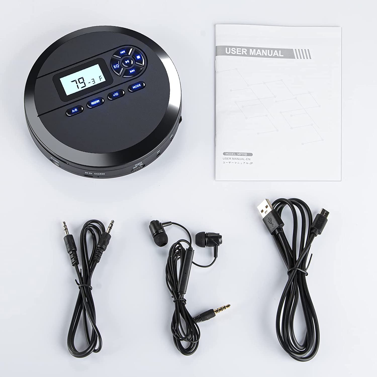 DESOBRY Lettore CD portatile con altoparlanti e trasmettitore FM, lettore CD per auto, batteria integrata da 2000 mAh, schermo LCD