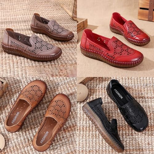 Image of Keilinia Women's Leather Loafers Slip-on Casual Shoes,Comfort Hollow Breathe Hand-Stitching Non-Slip Ox Softsole Walking Flats (5,Black Hollow)