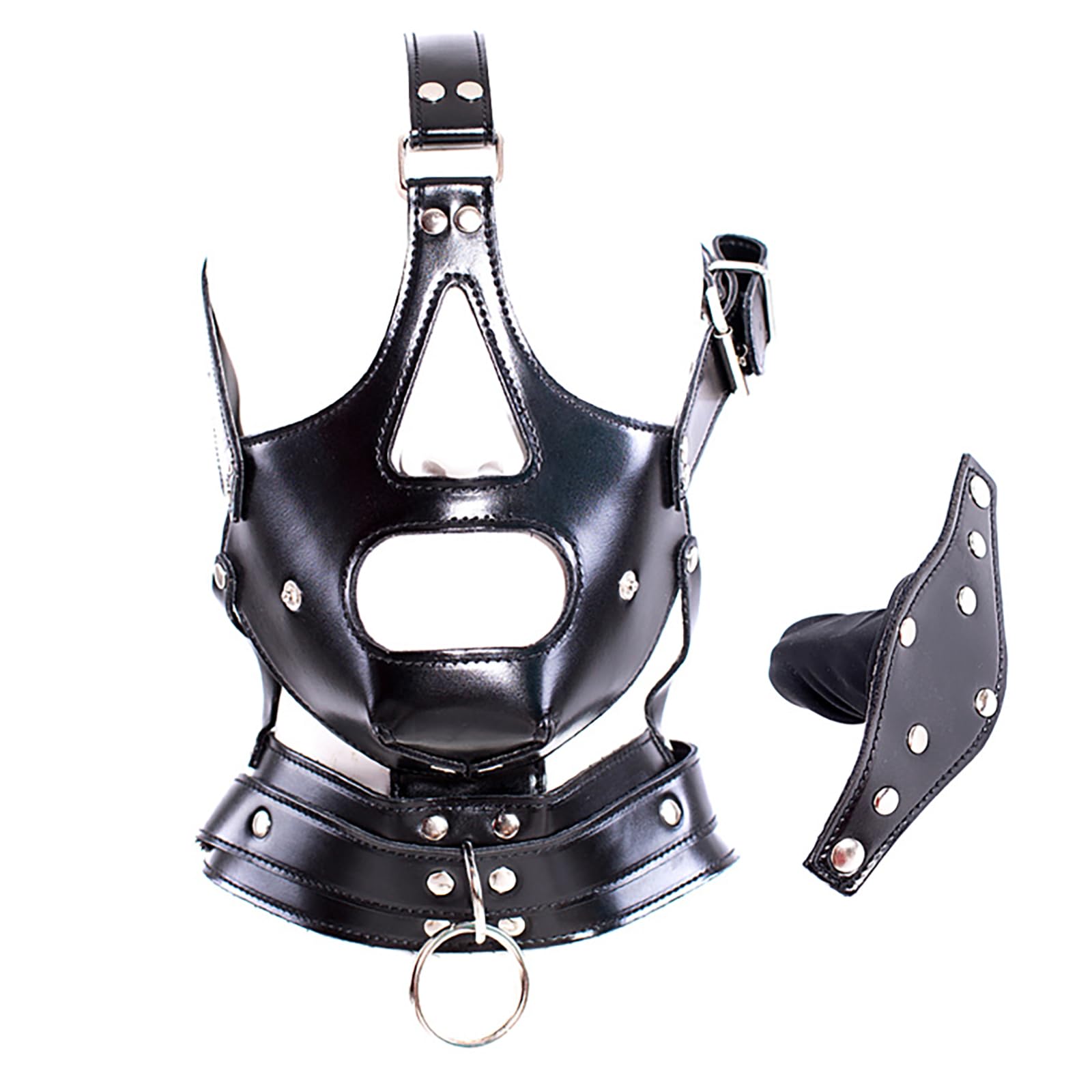 Noir Masque de tête en cuir PU avec harnais et bâillon amovible pour pénis Masque de tête à capuche BDSM Restraint Gode bâillon en silicone Sexuel pour Hommes Femmes Couple (Long 10cm)