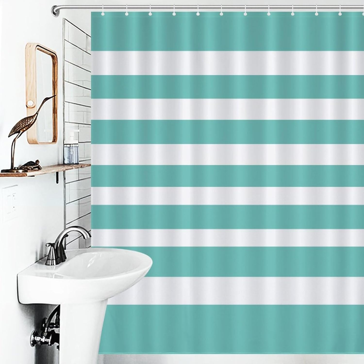 Shower Curtain Liner Set, Classic Stripes Aqua and White Waterproof Washable Fabric Shower Curtain for Bathroom Bathtub Decor 60 x 72inch