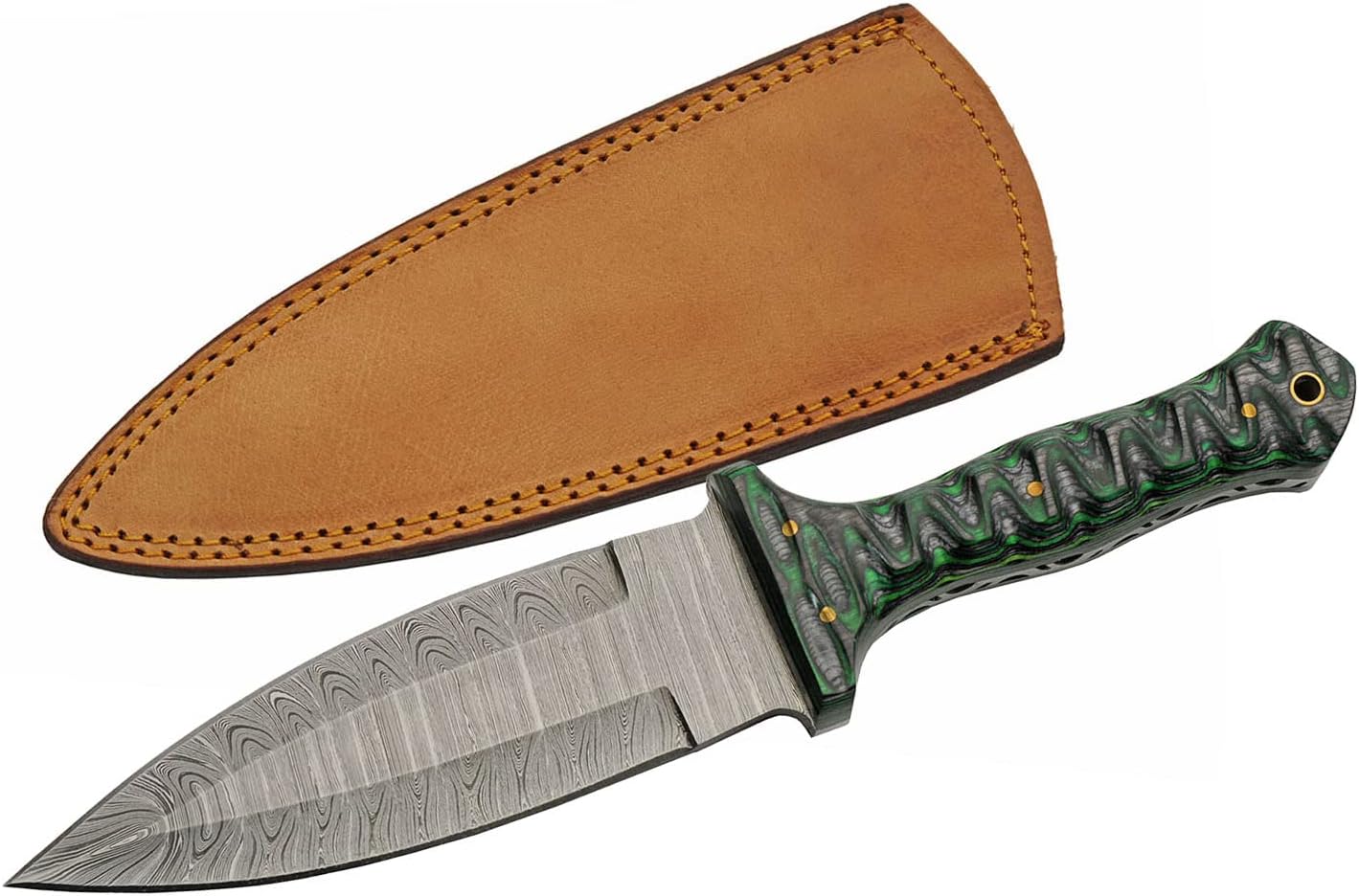 SZCO Supplies DM-1371GN Wood Handle Damascus Steel Spear Point Outdoor Hunting Knife with Sheath, Green, 10.5" Length