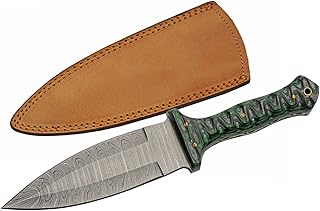 SZCO Supplies DM-1371GN Wood Handle Damascus Steel Spear Point Outdoor Hunting Knife with Sheath, Green, 10.5