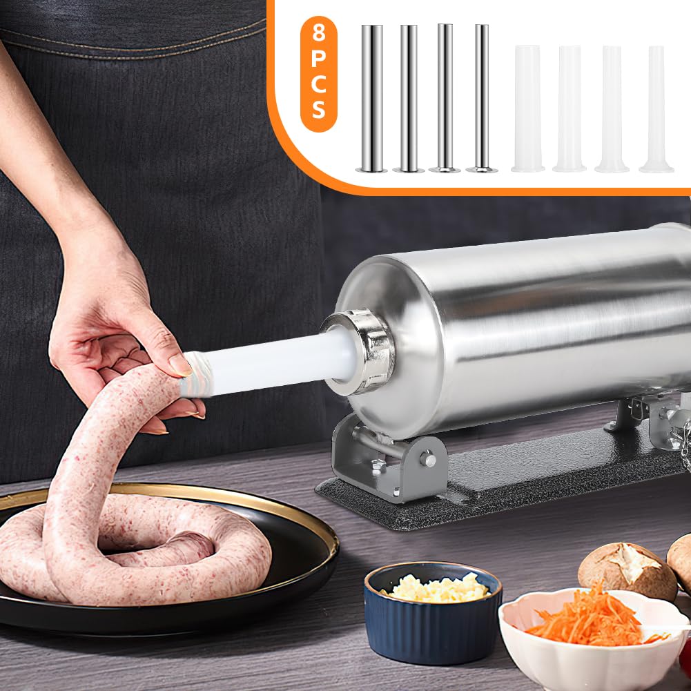 Sausage Stuffers Sealing Silicone Ring Design,Stainless Steel 3L Sausage Makers, Removable For Cleaning Horizontal Meat Filling Machine Packed 8 Stuffing Tubes, Fixtures