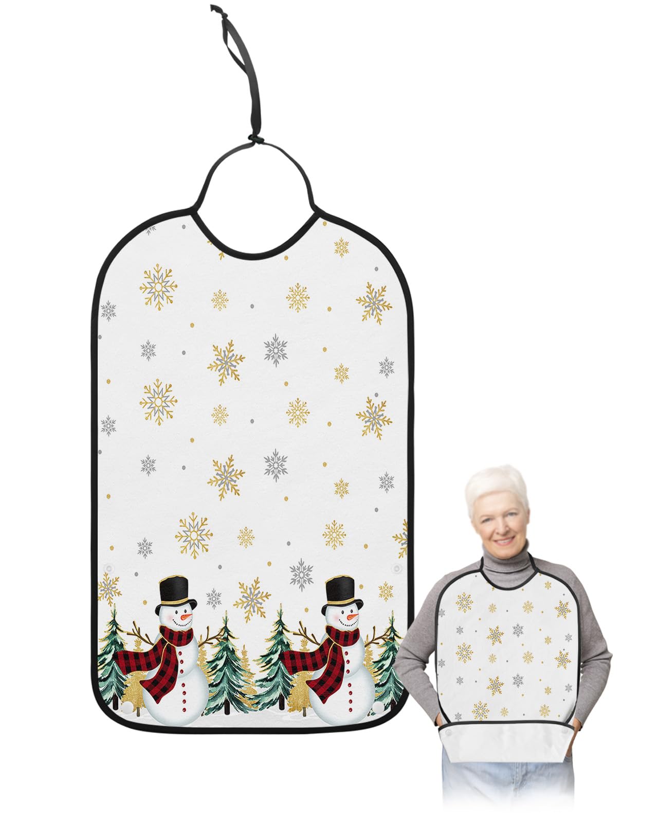 Adult Bibs for Elderly Women - Christmas Waterproof Dining Clothing Protectors with Crumb Catcher for Eating/Feeding, Xmas Snowman Yellow Grey Snowflake Winter Tree Terry Cloth Bib Machine Washable
