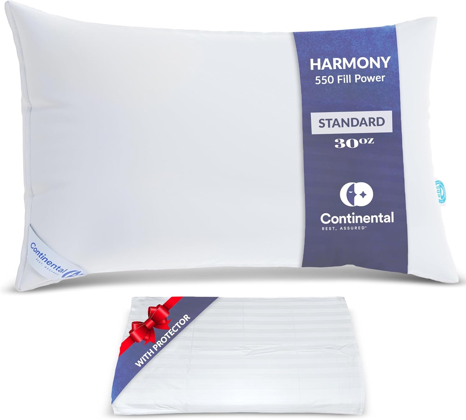 Continental Bedding | Harmony White Down Pillow | 550 Fill Power | 400 Thread Count Cotton Cover | Made in USA | Medium, King with Protector