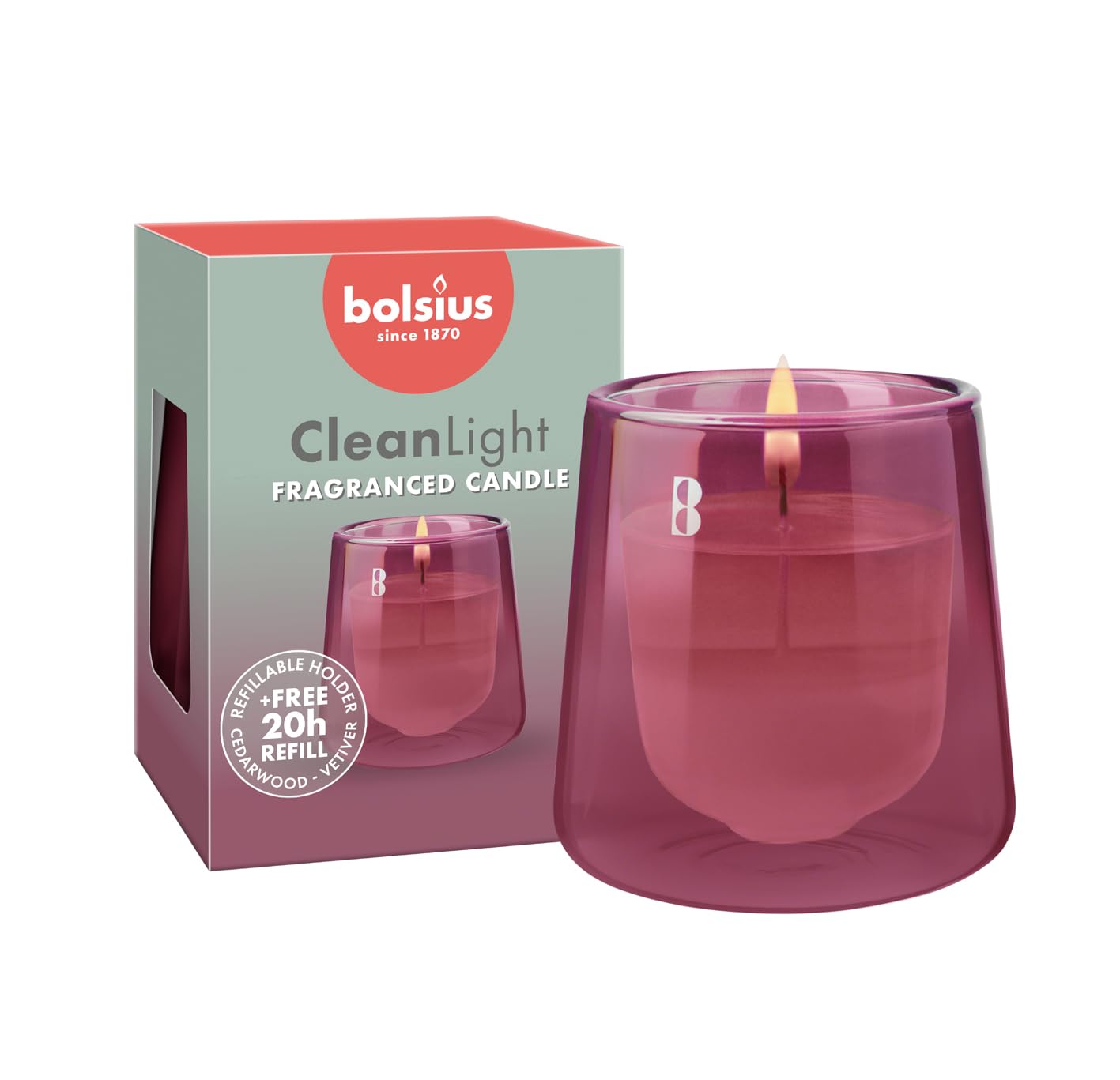 Bolsius - CleanLight Starter Kit - Rechargeable Scented Candle - Stand & 1 Refill - Pink - Cedarwood & Vetiver - 20 Hours Burn Time - Natural Extracts & Vegan Wax