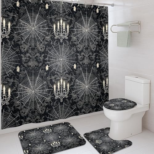 Set di 4 tende da doccia a forma di ragno, tappetino da bagno nero e bianco, accessori per decorazioni di Halloween, tenda da doccia moderna in tessuto impermeabile con ganci, 182 x 183 cm