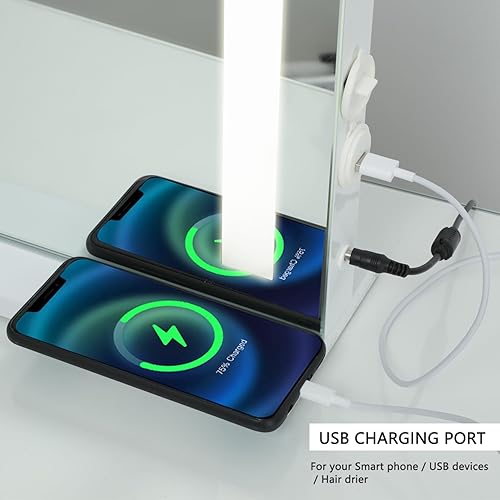 Miniatura 4 de Hollywood Espejo de maquillaje grande con luces, marco de metal, regulable, 3 modos, control táctil, carga USB, mesa o pared, 22.83 x 17.5 pulgadas,