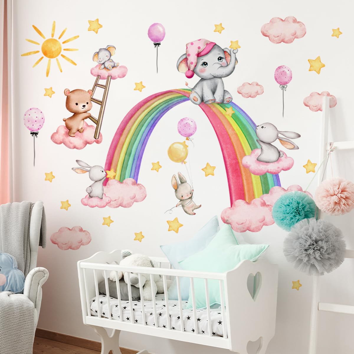 Timelesslong Rainbow Wall Stickers for Girls Nursery Bedroom Living Room Vinyl Colorful Clound Rabbit Cute Wall Decals Removable Wall Murals Peel and Stick Wall Decor Art Wallpaper