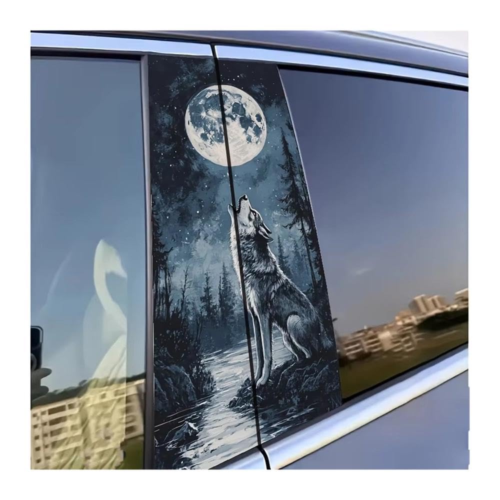 Bertdcx One Color Wolf Howling Moon Car Sticker Fashionable And Creative B Pillar Protective Film Waterproof And Scratch Resistant Auto Parts