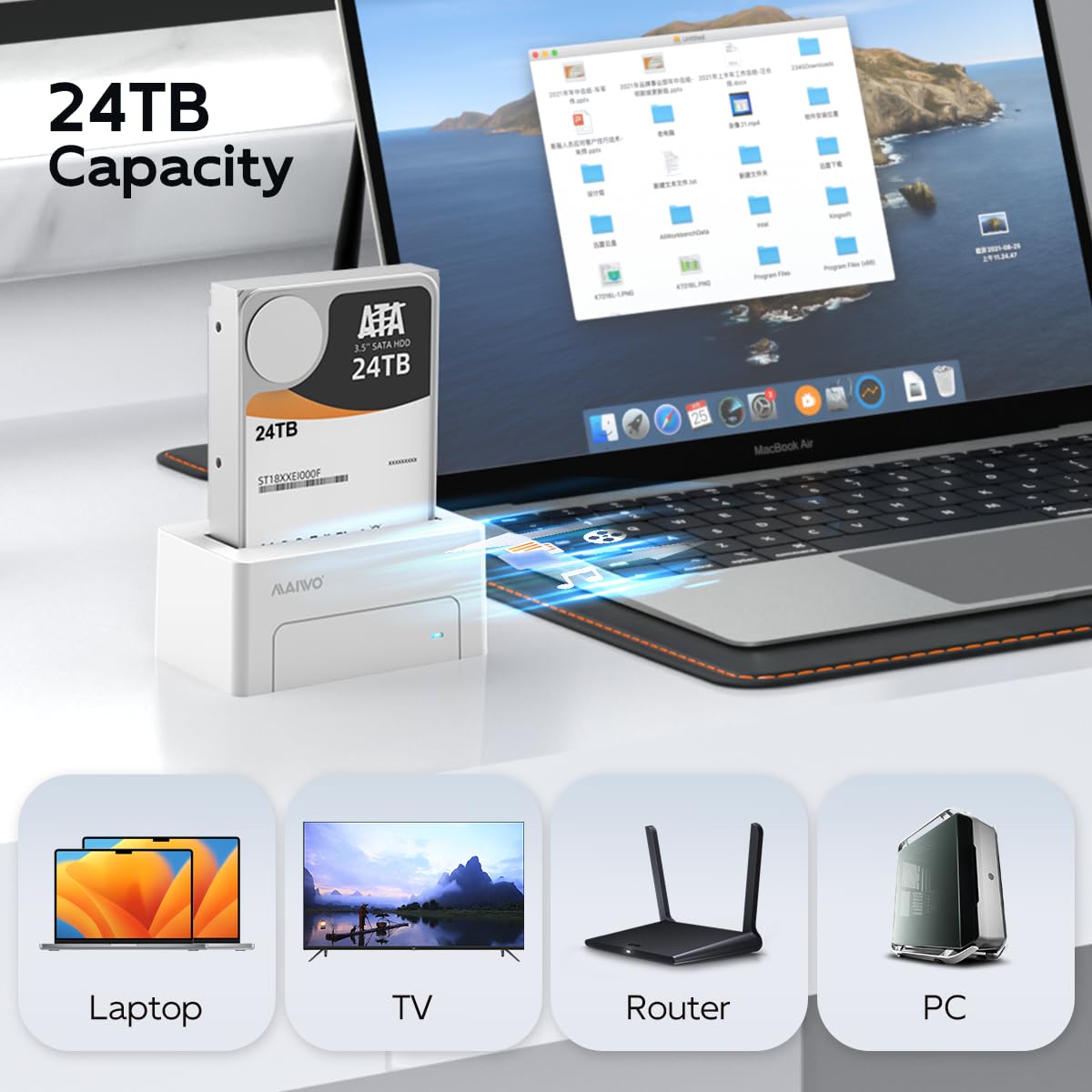 MAIWO Adaptador SAS a USB 3.0, 2.5 3.5 pulgadas SAS SATA HDD SSD, capacidad de 24 TB, estación de acoplamiento para lector de disco duro externo con adaptador de corriente de 12 V 2 A, sin