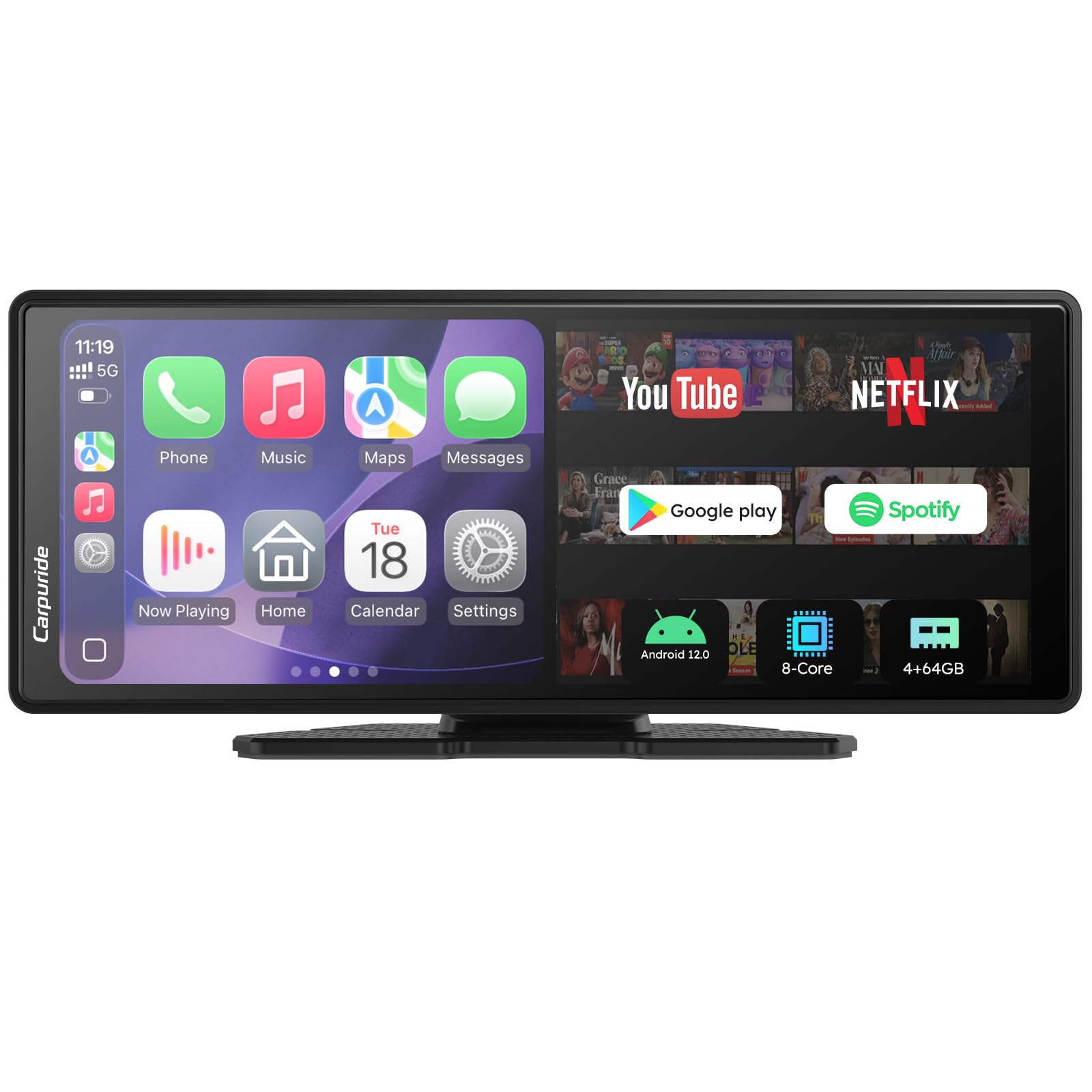 CARPURIDE W903Plus Bezprzewodowy CarPlay i Android Auto 4+64 GB, 9,3-calowy ekran dotykowy HD IPS CarPlay do samochodu, GPS online i offline, Mirror Link, Bluetooth, antena GPS, kamera cofania
