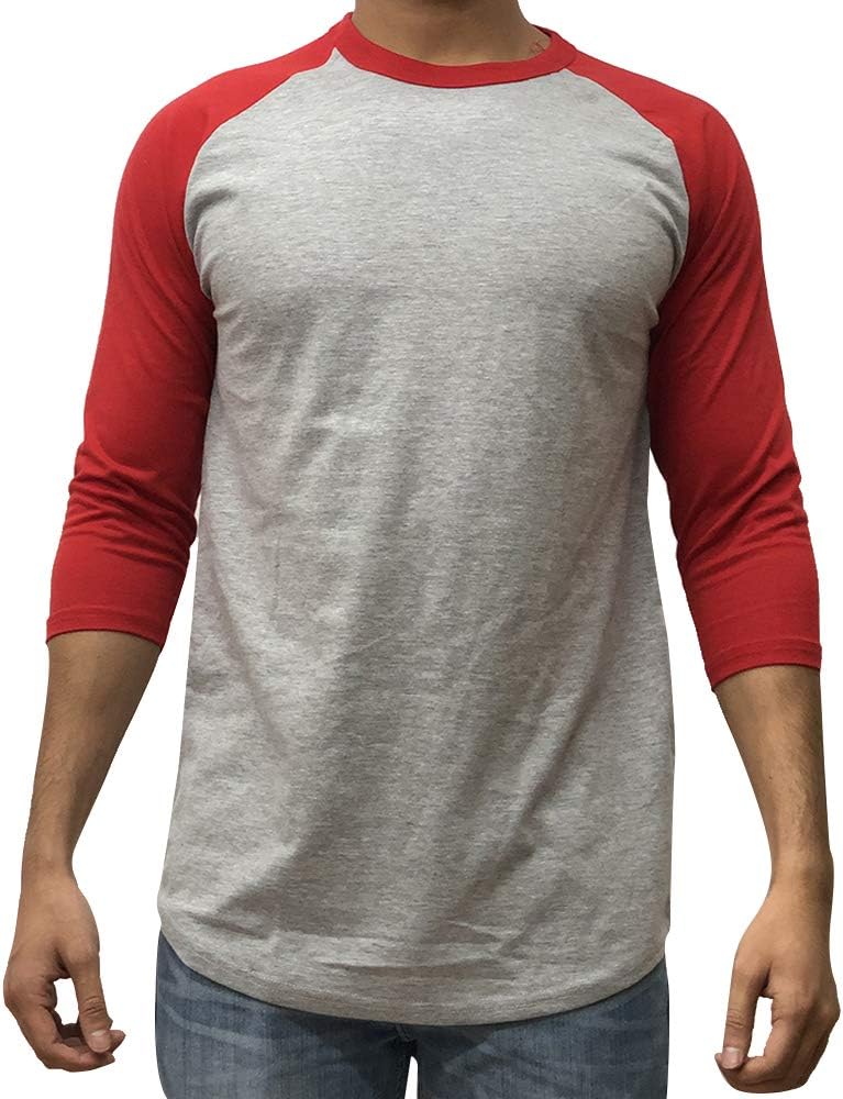Kangora Men’s Plain Raglan Baseball Tee T-Shirt Unisex 3/4 Sleeve Casual Athletic Performance Jersey Shirt (Gray Red, Large)
