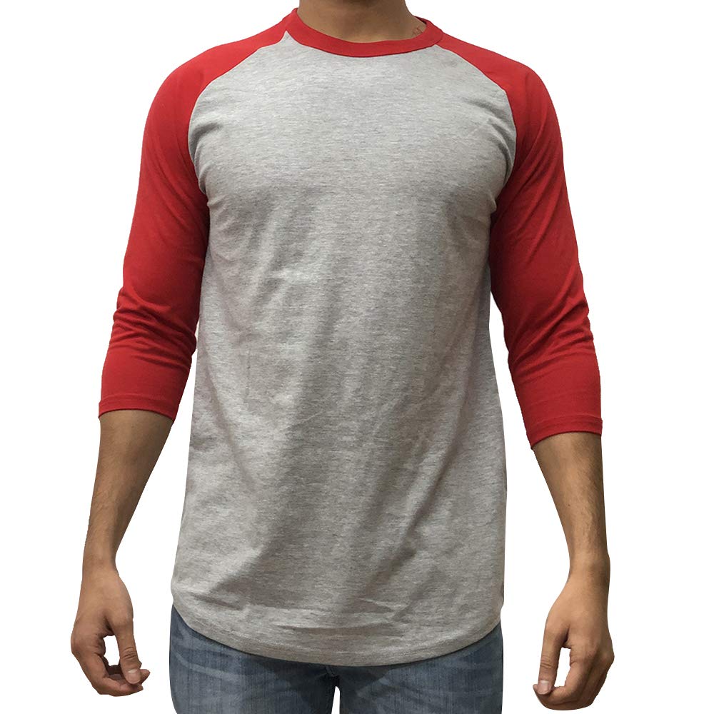 Kangora Men’s Plain Raglan Baseball Tee T-Shirt Unisex 3/4 Sleeve Casual Athletic Performance Jersey Shirt (Gray Red, Large)