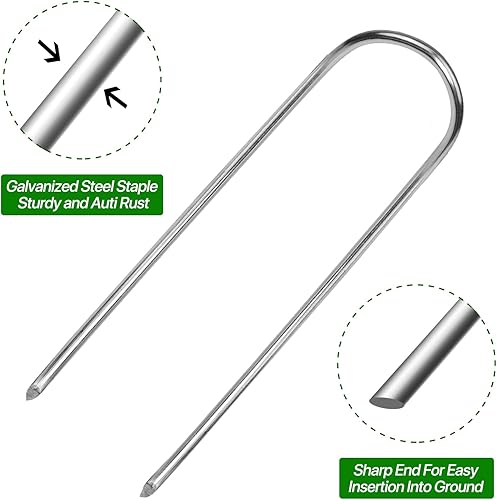 Miniatura 3 de Estacas de jardín en forma de U, 180 paquetes de estacas de riego de calibre 11 de 4 pulgadas, grapas galvanizadas resistentes para tubos, césped