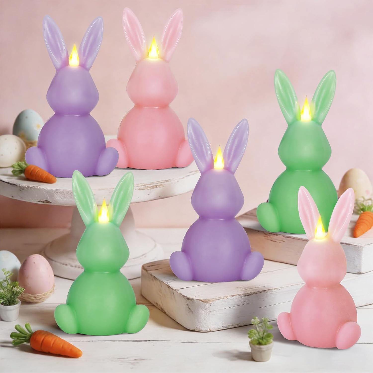 Leorate 6PCS Easter Bunny Flameless Candles – 7.5" Battery Operated LED Rabbit Candles with Flickering Flame, Green Purple Pink Real Wax Finish for Easter Decor, Table Centerpiece & Spring Home