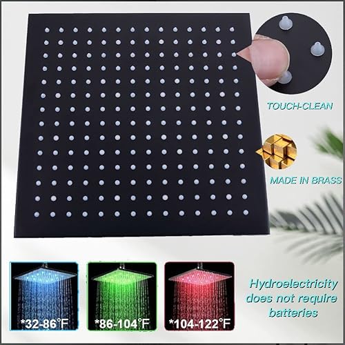 Miniatura 11 de Sistema de ducha termostático dorado cepillado, juego de grifo de ducha LED de lluvia de 12 pulgadas, sistema de cabezal de ducha de cuerpo completo