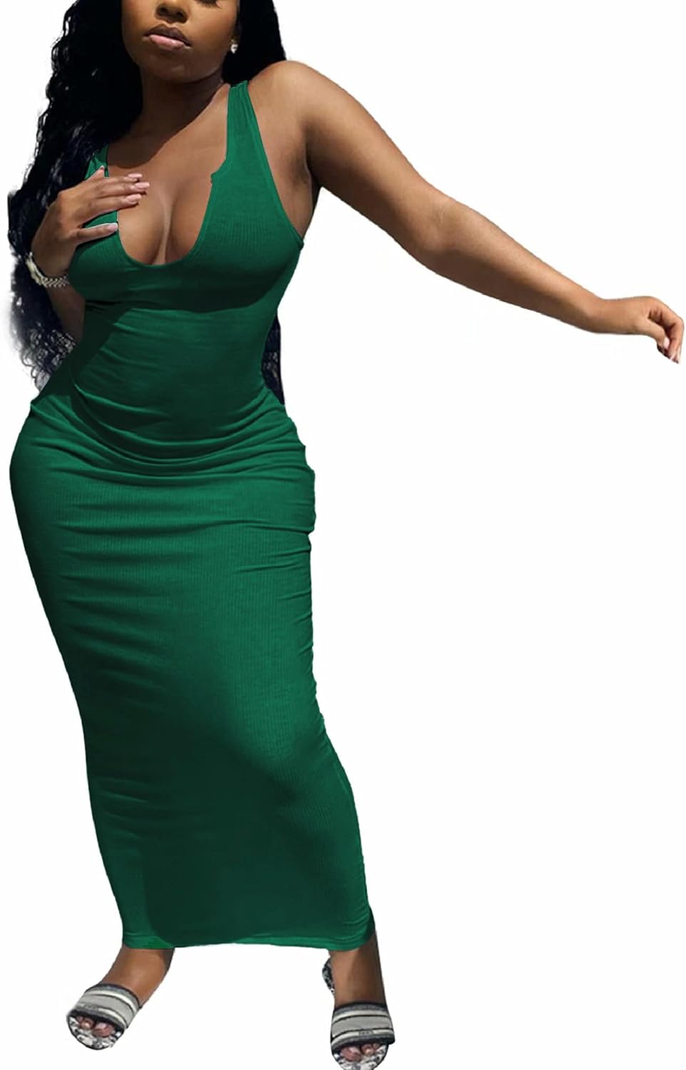 Nimsruc Women Casual Sexy Deep U Neck Tank Top Bodycon Dress Summer Sleeveless Wrap Long Basic Party Club Maxi Dresses