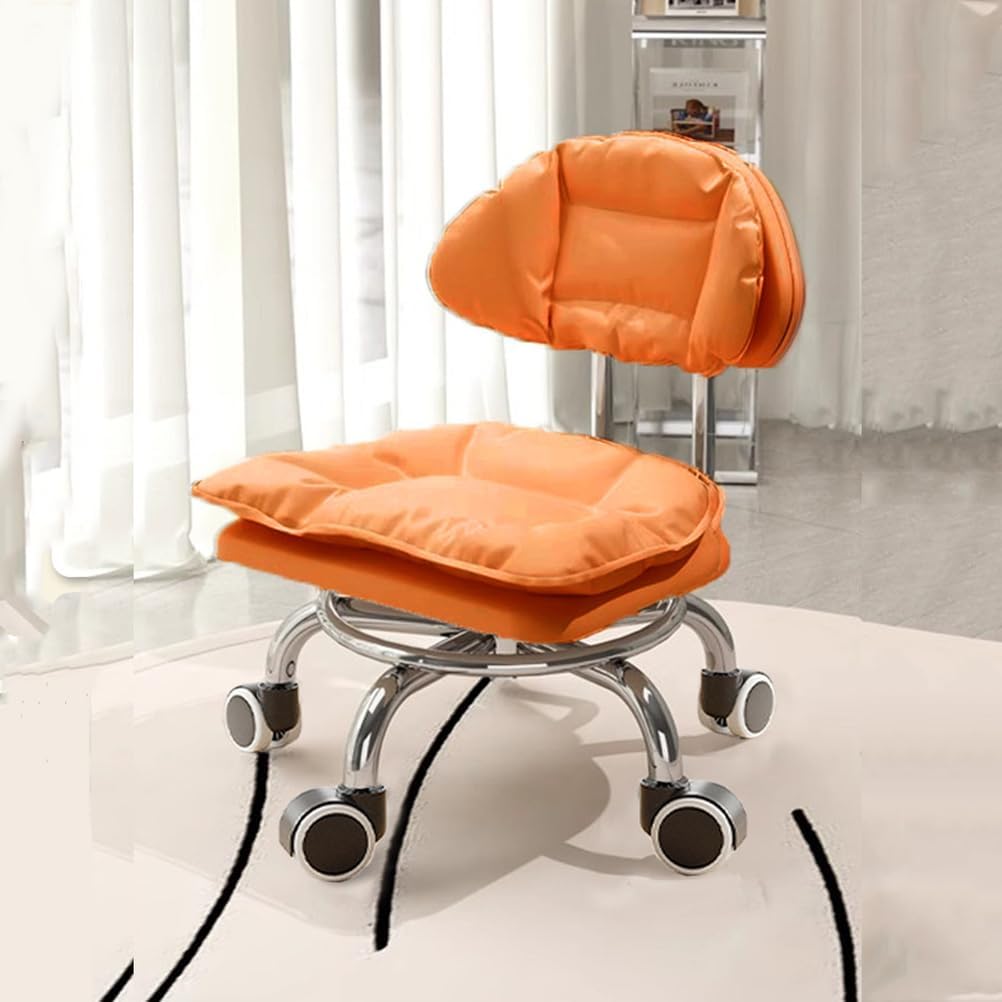 Orange,A,Rolling Stool with Backrest Low Height Rolling Stool with PU Leather, Roller Stool Chair, Roller Seats for Home, Office, Garage, Shop, Library
