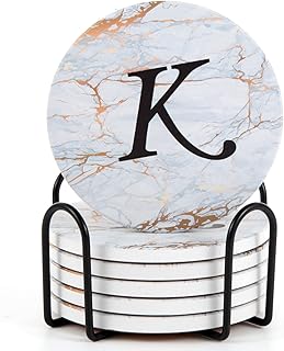 Monogrammed Coasters for Drinks Absorbents with Holder, Set of 6 Ceramic Marble Style Drink Coaster with Cork Base,Personalized Coasters Customizable with Name, Housewarming Gifts
