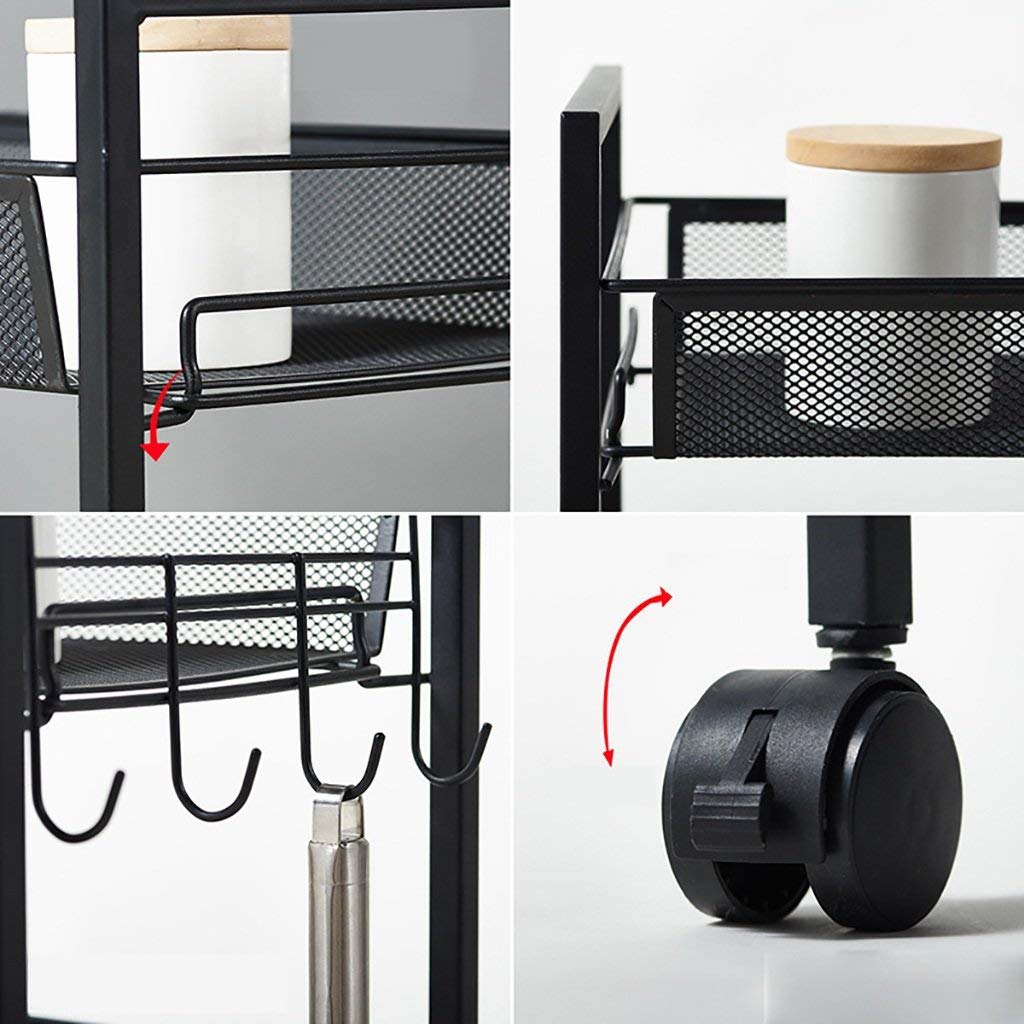 Cesta de Red Carteles de Tres Niveles, estantes de Acero al Carbono de pie, Carro de Almacenamiento de baño de Cocina con Ruedas, removible 63 * 26 * 44cm (Color : Black)