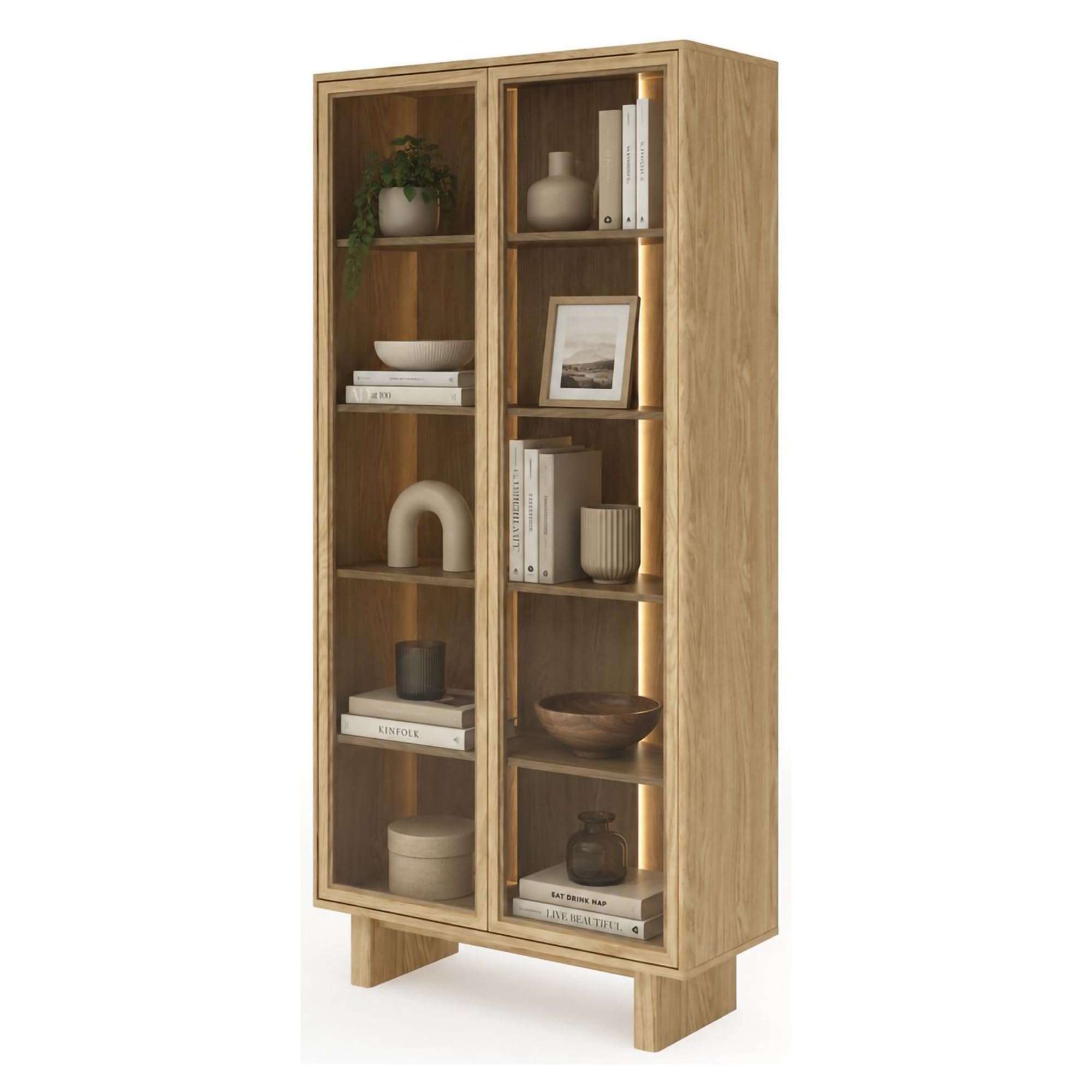 Dmora Vitrina Bayburt 94 x 38 x 195 cm de altura, marrón roble, 4 estantes y 2 puertas, mueble expositor con LED