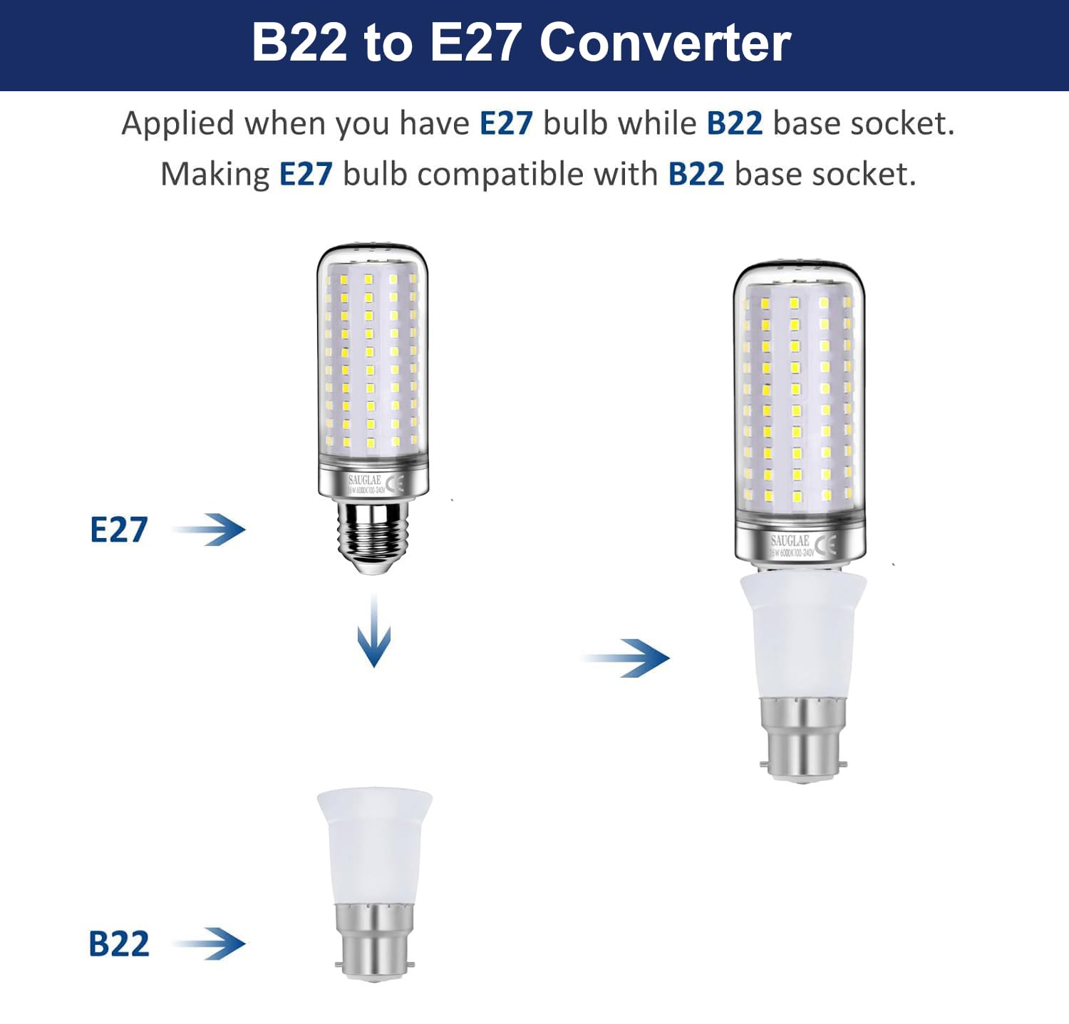 SAUGLAE B22 to E27 Socket Converter (200W Max), Bayonet to Screw Bulb Adapter for LED/CFL/Halogen Bulbs, Fireproof Housing - Image 4