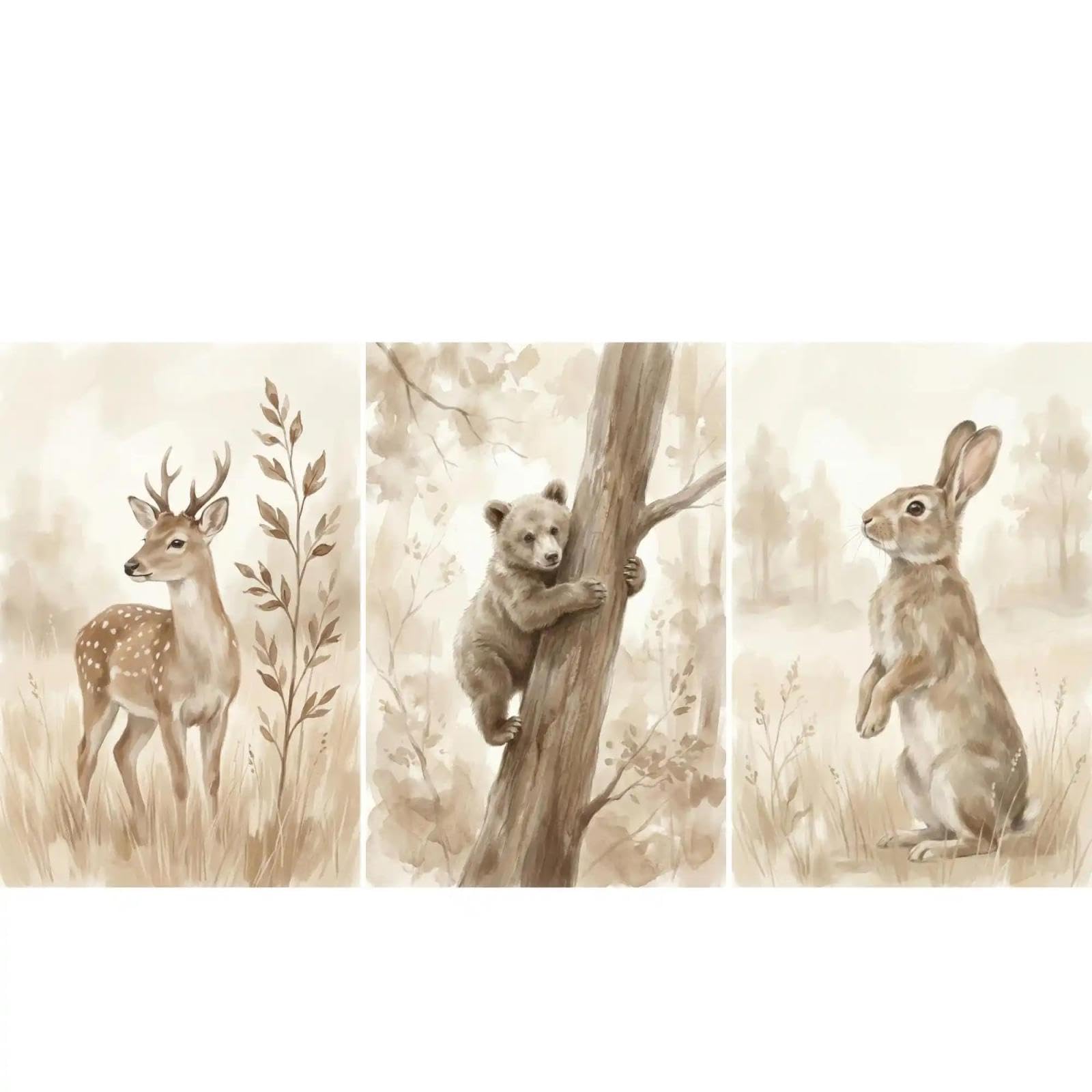 Baibexing Woodland Animals Print Neutral Nursery Wall Art Forest Animal Decor Watercolor Deer Bear Rabbit Sepia Tone Baby Room Decor 30X40Cmx3Pcs Unframed